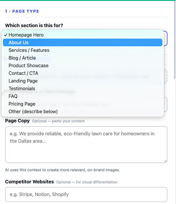 Step 1 — Choose Your Section Type: select homepage, blog, product, or custom page section