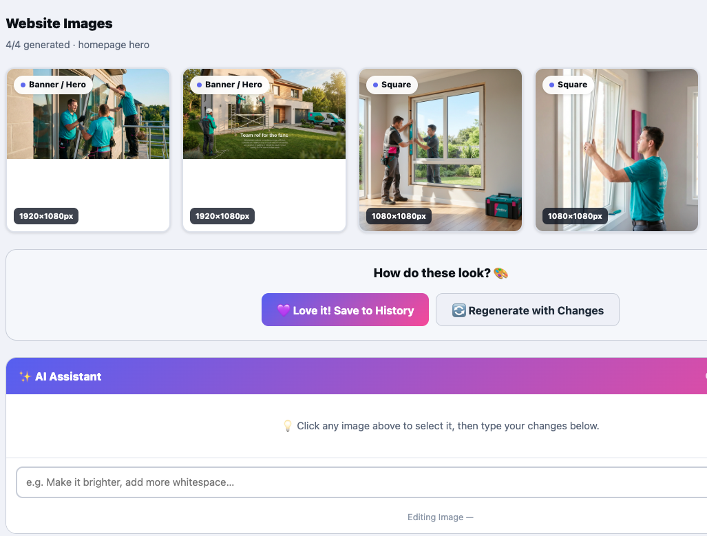 Step 4 — Download & Use: view generated website images and download individually or as ZIP