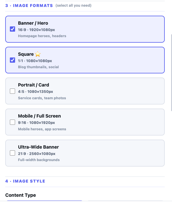 Step 3 — Select Formats & Quantity: choose banner, square, portrait, mobile, or ultra-wide formats