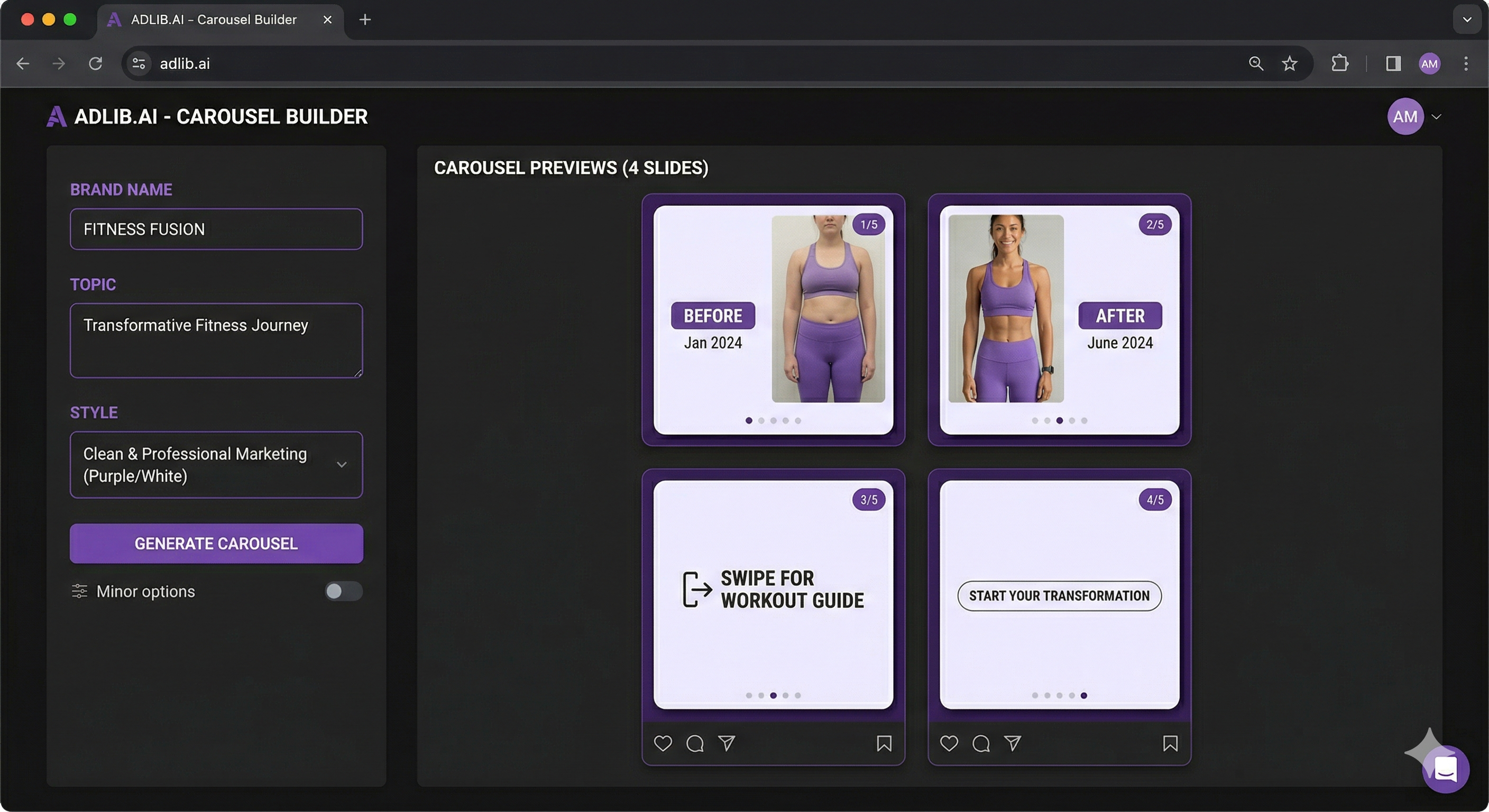 AI Instagram carousel generator interface — Creatives Gen