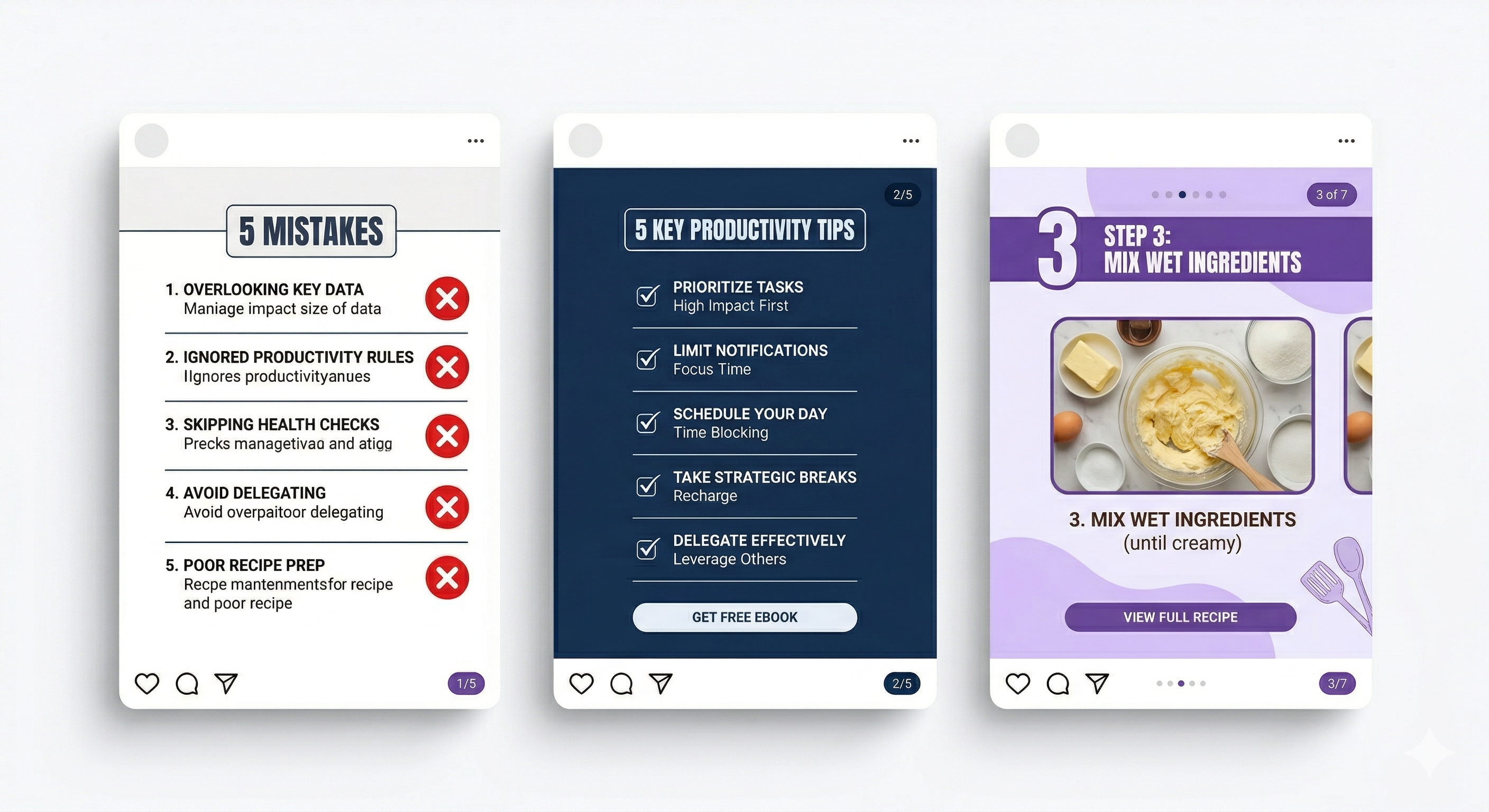 Side by side comparison of carousel formats: before/after, checklist, and tutorial