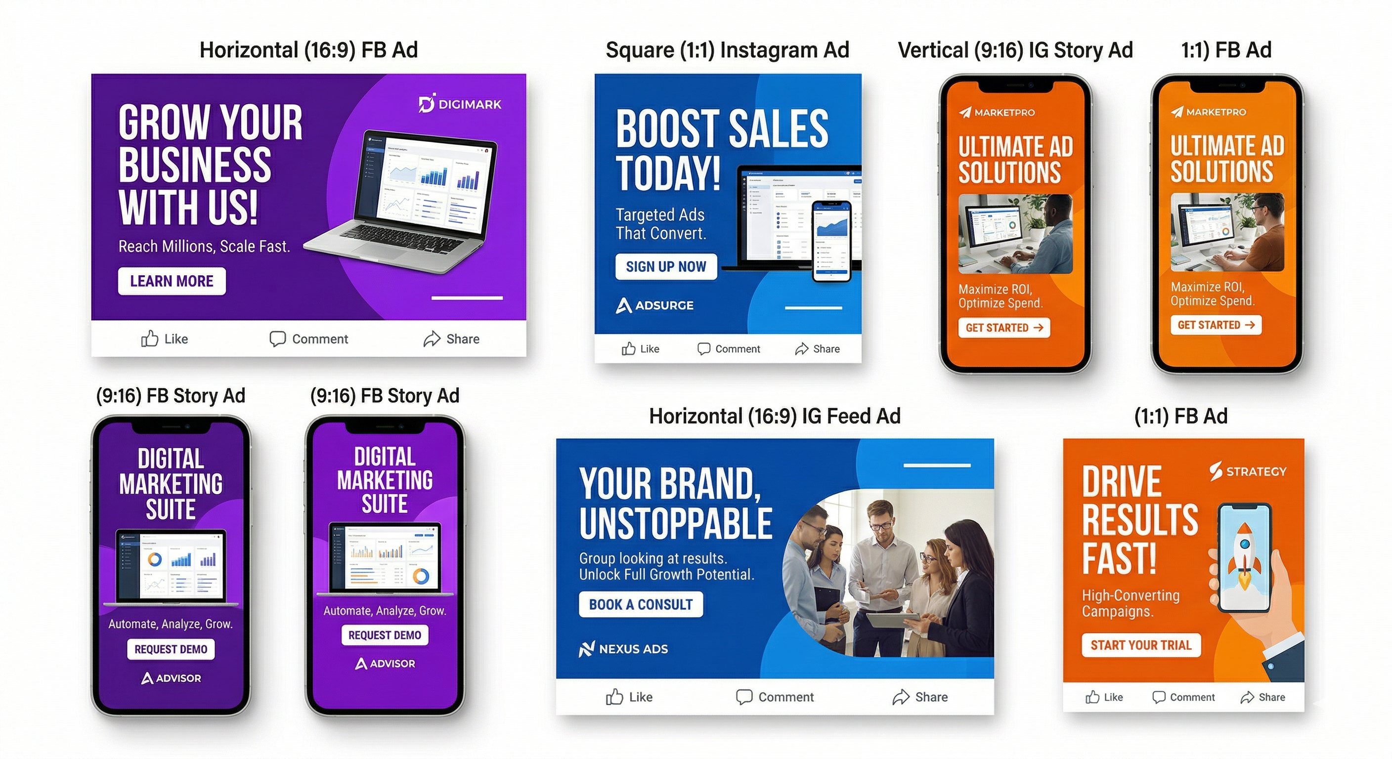 High-converting Facebook ad creatives generated with AI — multiple sizes and formats