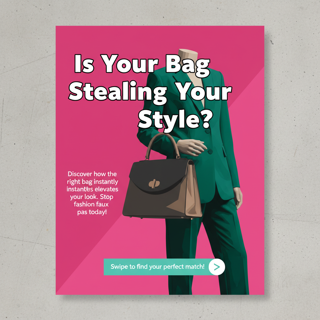 AI-generated Instagram carousel hook slide: 'Is Your Bag Stealing Your Style?' — fashion brand post with model holding a handbag on a pink background