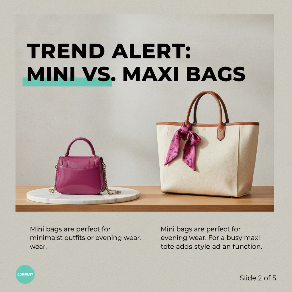AI-generated carousel slide: 'Trend Alert — Mini vs. Maxi Bags' — side-by-side comparison of a mini crossbody and a maxi tote for a fashion brand
