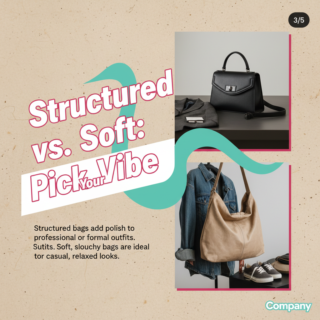 AI-generated carousel slide: 'Structured vs. Soft: Pick Your Vibe' — comparing a structured black leather bag with a slouchy beige tote
