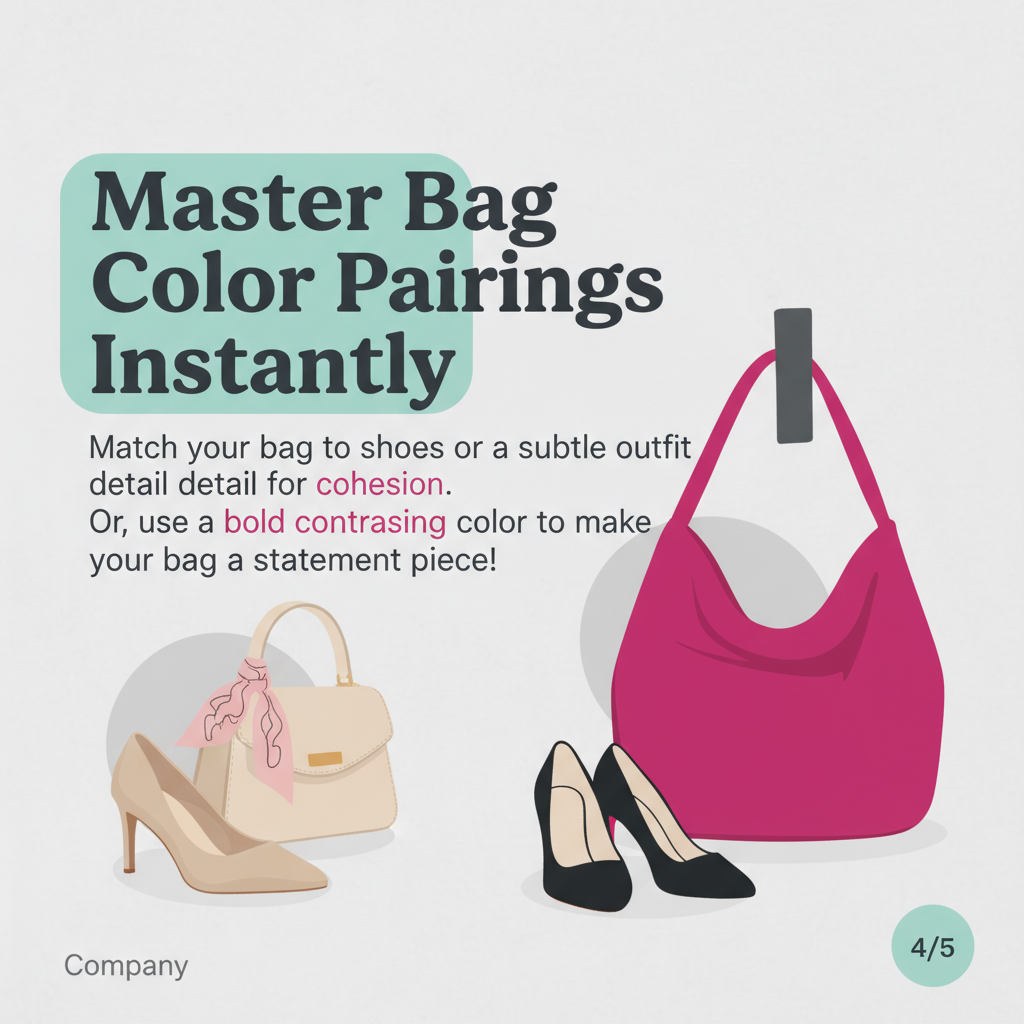AI-generated carousel slide: 'Master Bag Color Pairings Instantly' — illustrated styling tips showing bags paired with heels for color coordination
