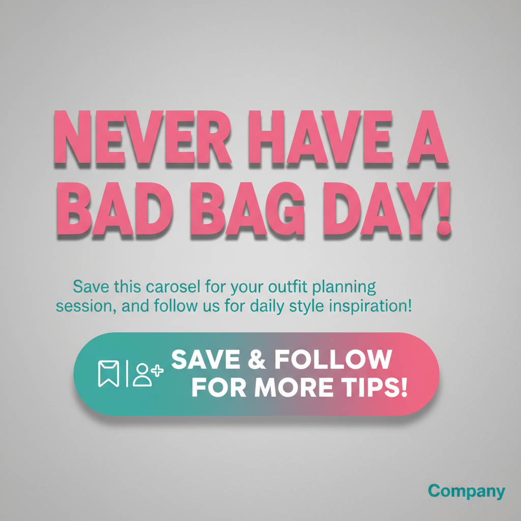 AI-generated carousel CTA slide: 'Never Have a Bad Bag Day!' — save and follow call-to-action slide for a fashion brand Instagram carousel
